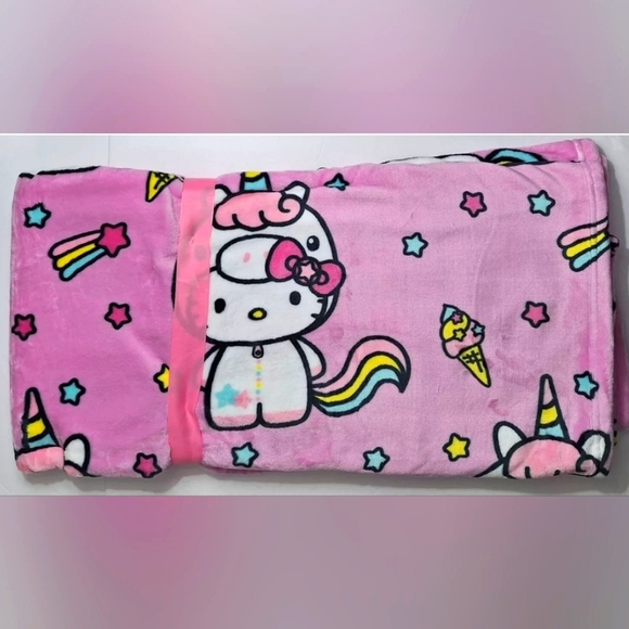 Hello Kitty Unicorn Ice Cream Cone Stars 60 x 70" Plush Pink Throw Blanket NWT - Picture 2 of 6